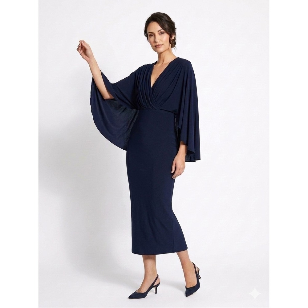 Club l London Mishka Navy Plunge Neck Cape Midi Dress Size US 6 Cocktail Evening
